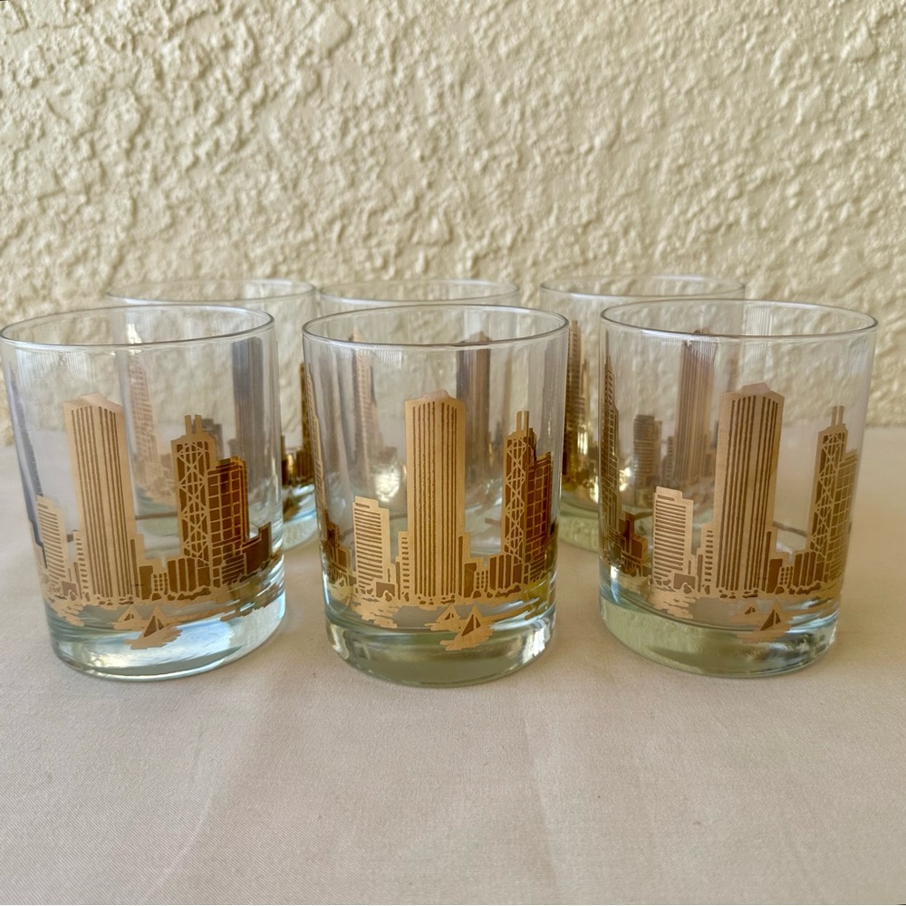 Marshall Fields 6 Gold Cityscape Rocks Glasses